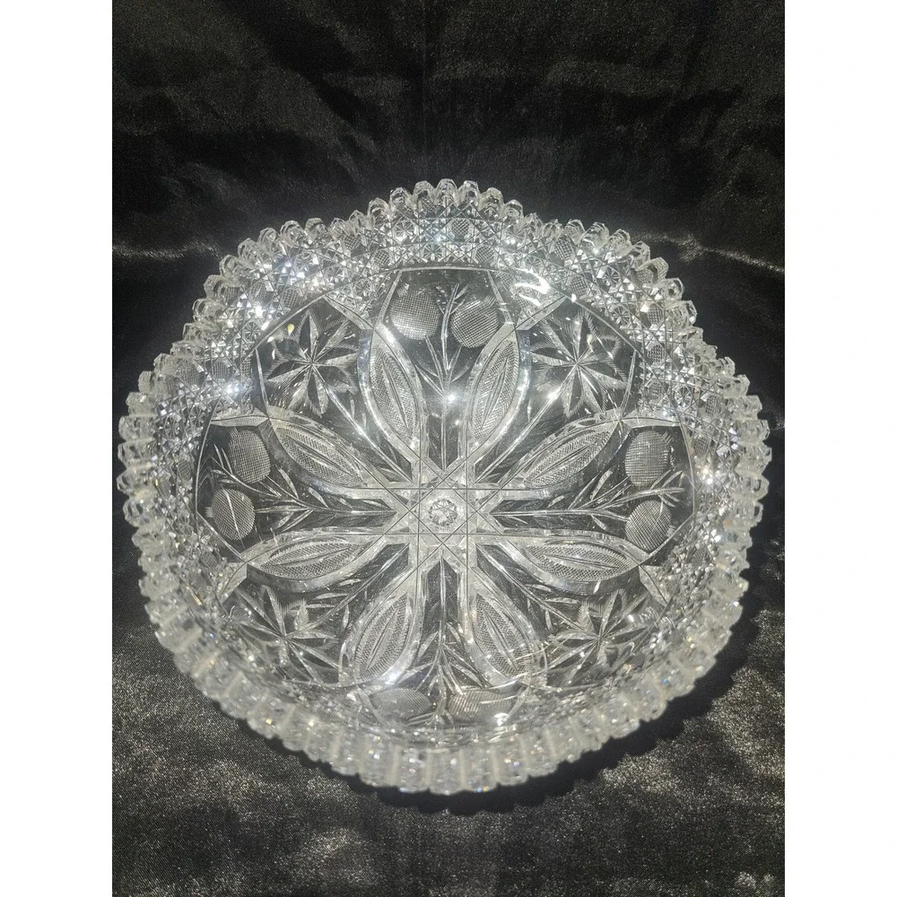 Antique ABP Bowl Scalloped Sawtooth Rim Starburst Diamond Pattern Clear Crystal